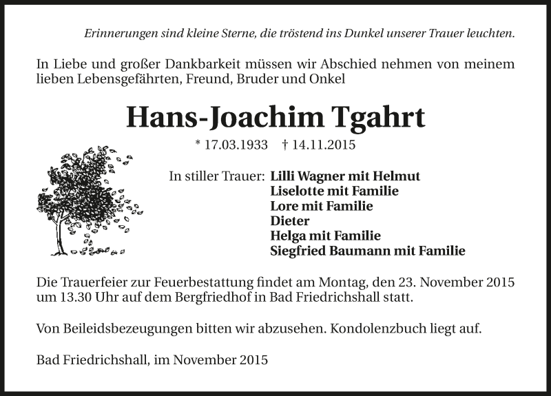  Traueranzeige für Hans-Joachim Tgahrt vom 19.11.2015 aus 
