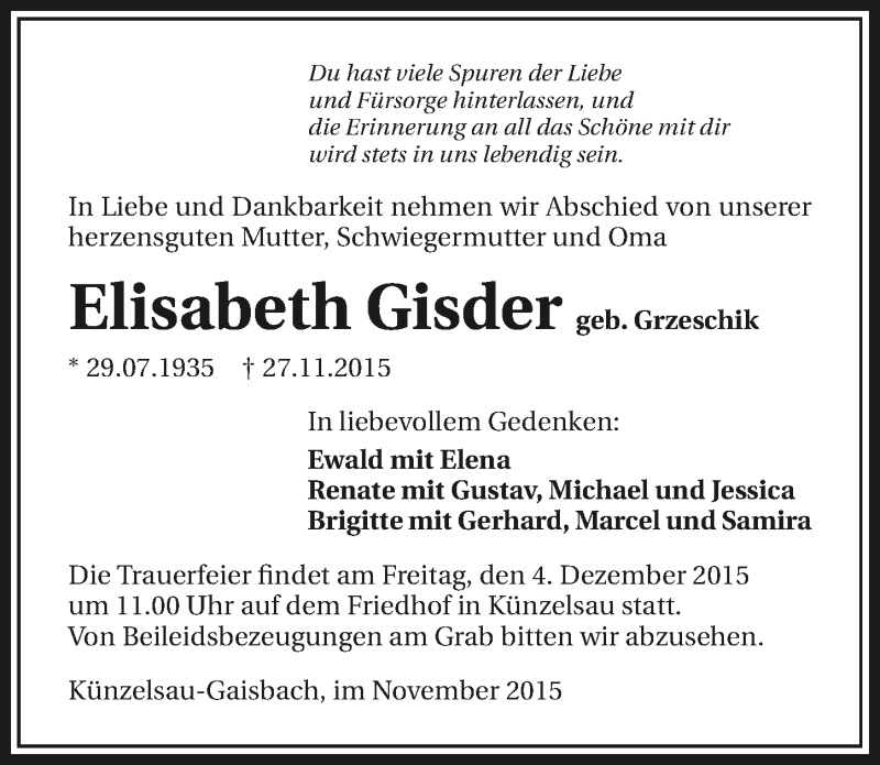  Traueranzeige für Elisabeth Gisder vom 01.12.2015 aus 