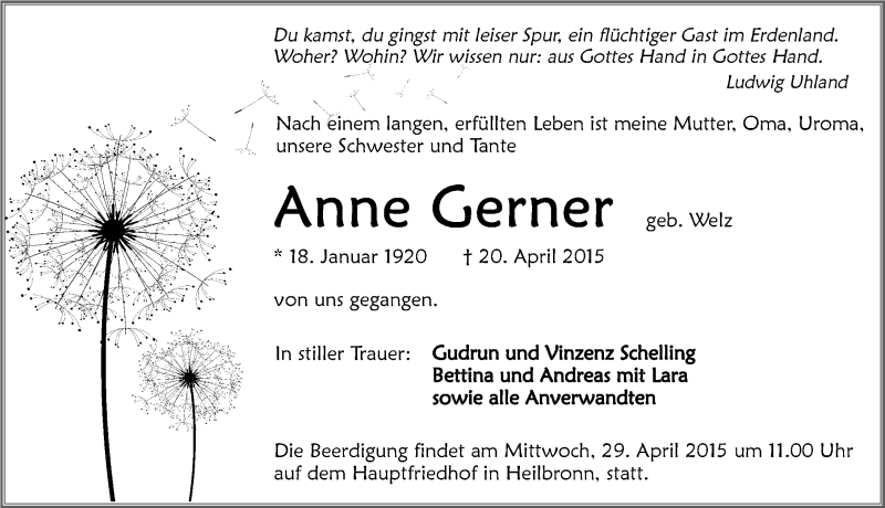 Traueranzeige für Anna Gerner vom 25.04.2015 aus 