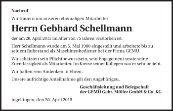 Traueranzeige von Gebhard Schellmann 