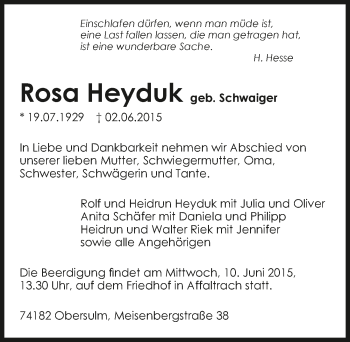 Traueranzeige von Rosa Heyduk 
