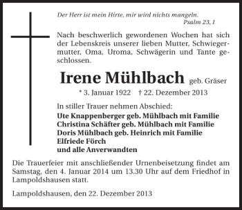 Traueranzeige von Irene Mühlbach 