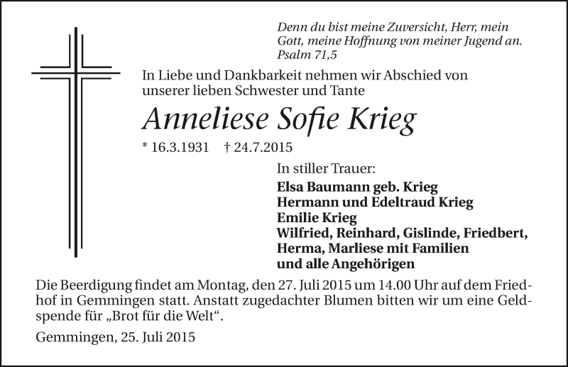  Traueranzeige für Anneliese Sofie Krieg vom 25.07.2015 aus 