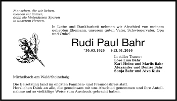 Traueranzeige von Rudi Paul Bahr 