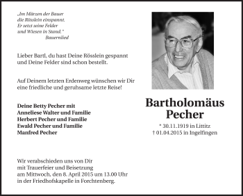 Traueranzeige von Barholomäus Pecher 