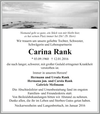 Traueranzeige von Carina Rank 