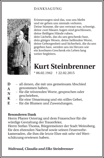 Traueranzeige von Kurt Steinbrenner 