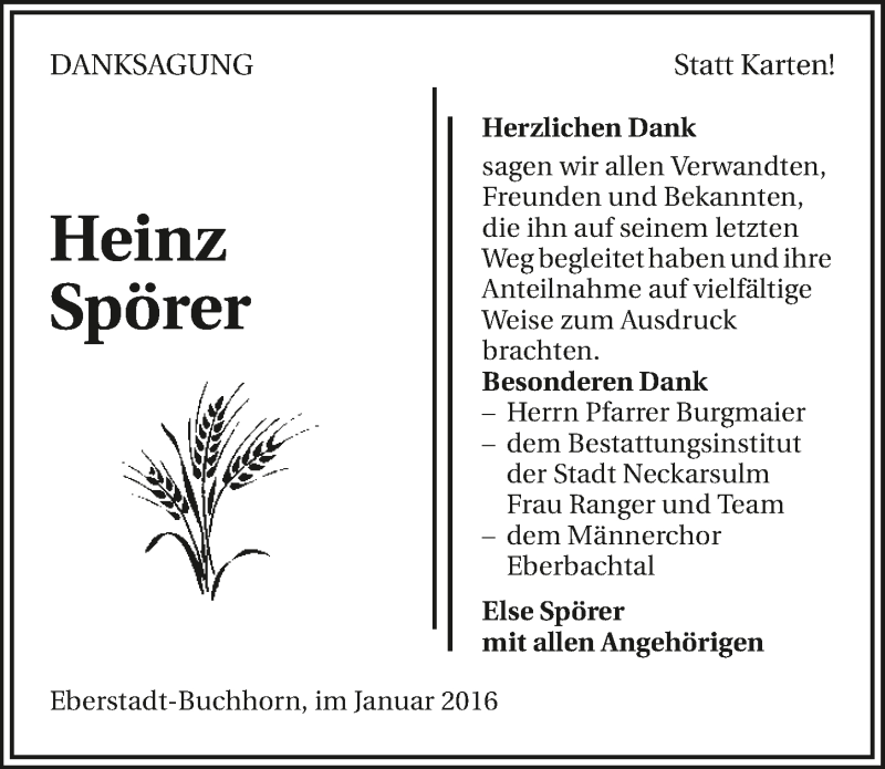  Traueranzeige für Heinz Spörer vom 25.01.2016 aus 