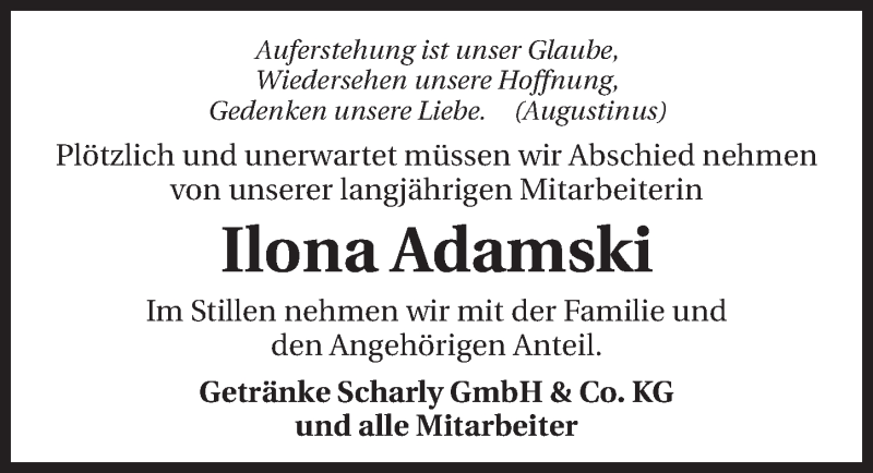  Traueranzeige für Ilona Adamski vom 13.05.2015 aus 