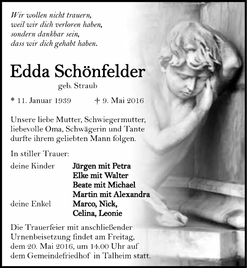  Traueranzeige für Edda Schönfelder vom 14.05.2016 aus 