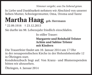 Traueranzeige von Martha Haag 