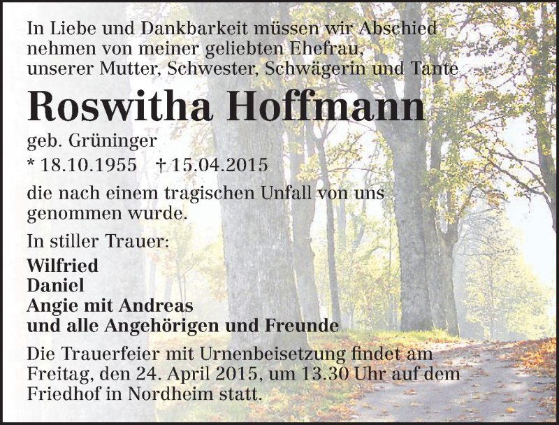  Traueranzeige für Roswitha Hoffmann vom 21.04.2015 aus 