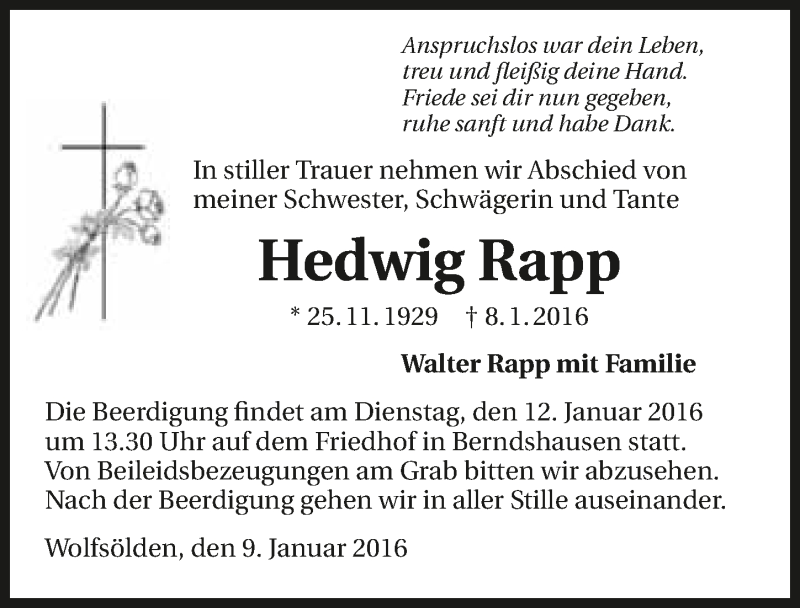  Traueranzeige für Hedwig Rapp vom 09.01.2016 aus 