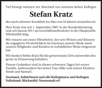 Traueranzeige von Stefan Kratz 