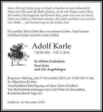Traueranzeige von Adolf Karle 