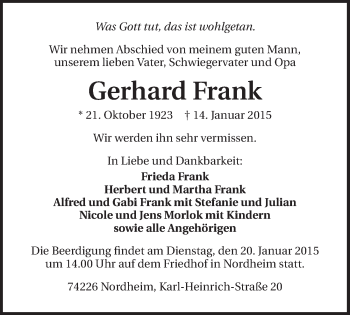 Traueranzeige von Gerhard Frank 