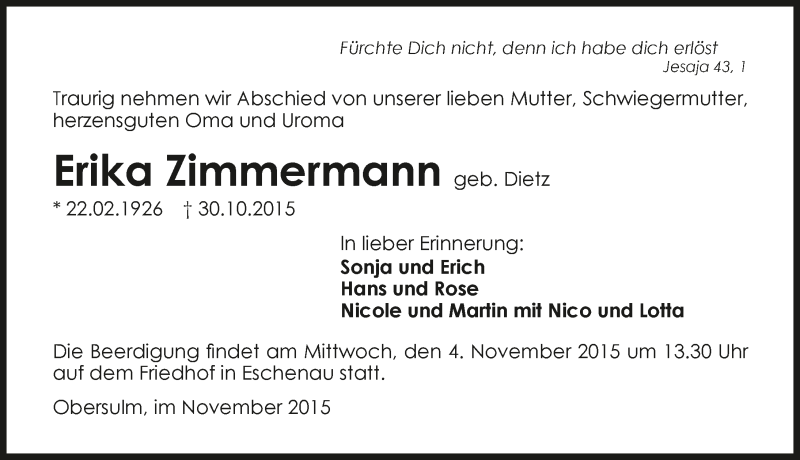  Traueranzeige für Erika Zimmermann vom 02.11.2015 aus 