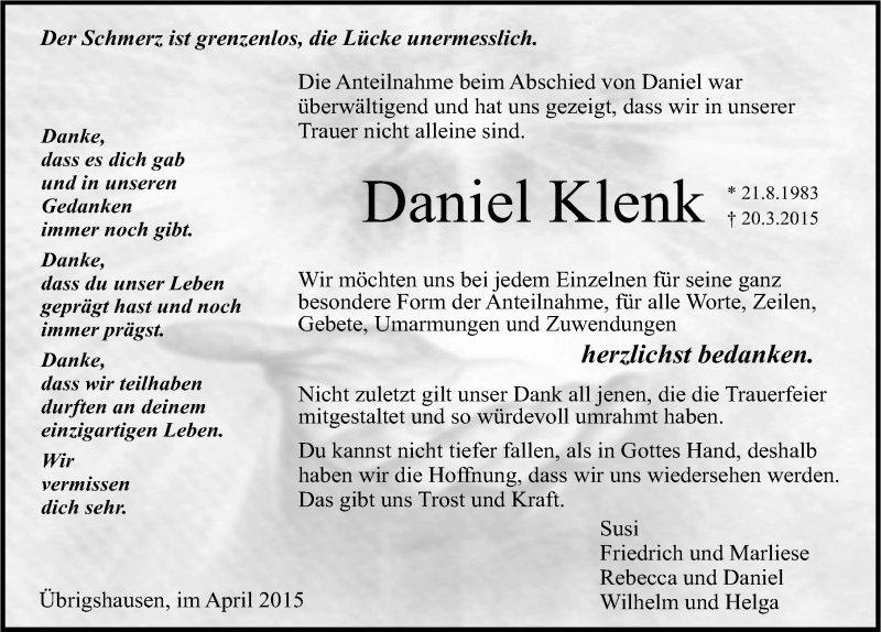  Traueranzeige für Daniel Klenk vom 25.04.2015 aus 
