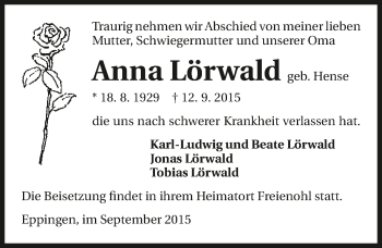 Traueranzeige von Anna Lörwald 