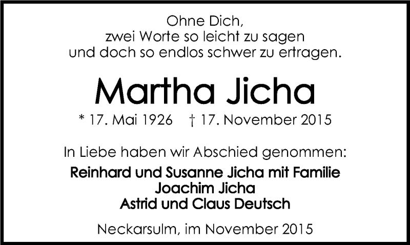  Traueranzeige für Martha Jicha vom 28.11.2015 aus 