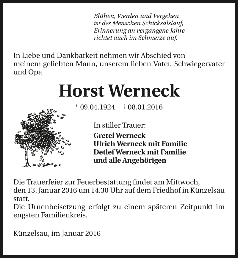  Traueranzeige für Horst Werneck vom 11.01.2016 aus 
