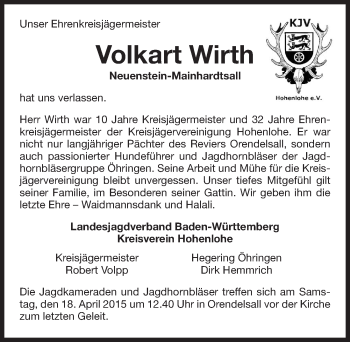 Traueranzeige von Volkart Wirth 