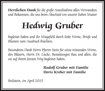 Traueranzeige von Hedwig Gruber 