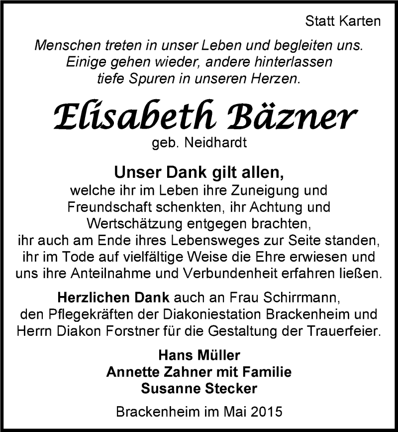  Traueranzeige für Elisabeth Bäzner vom 29.05.2015 aus 