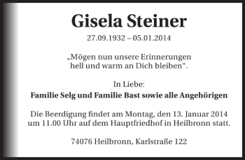 Traueranzeige von Gisela Steiner 
