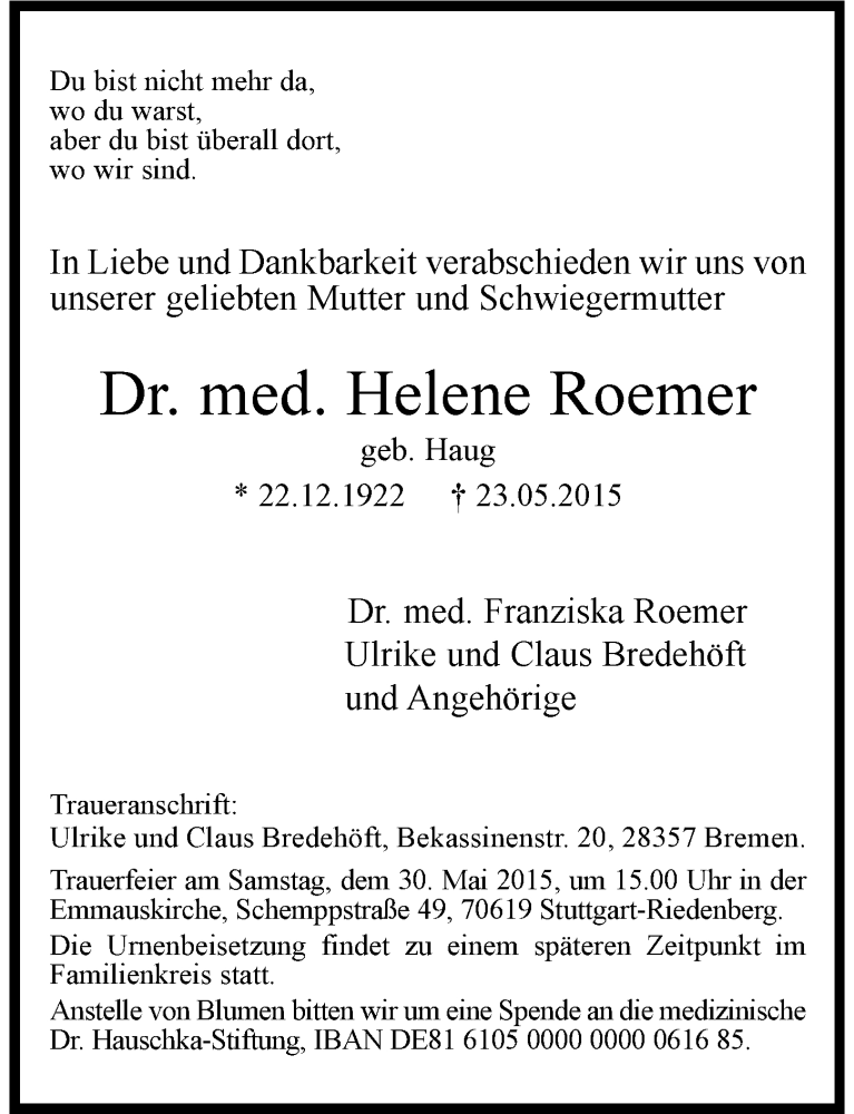  Traueranzeige für Helene Roemer vom 27.05.2015 aus 