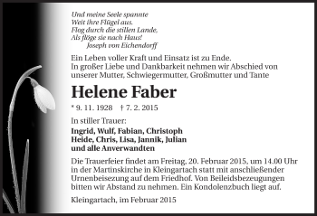 Traueranzeige von Helene Faber 