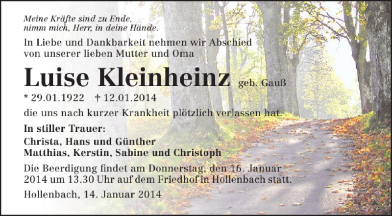 Traueranzeige für Luise Kleinheinz vom 14.01.2014 aus 