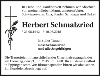 Traueranzeige von Herbert Schmalzried 