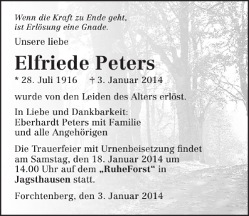 Traueranzeige von Elfriede Peters 