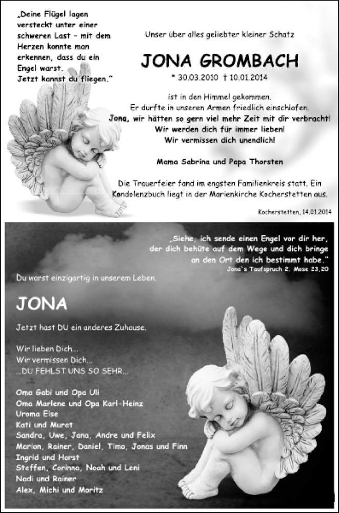  Traueranzeige für Jona Grombach vom 15.01.2014 aus 