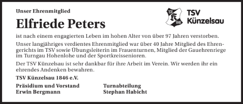  Traueranzeige für Elfriede Peters vom 16.01.2014 aus 