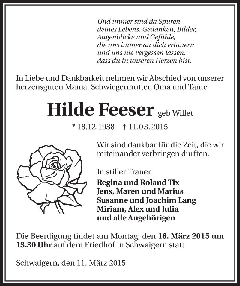  Traueranzeige für Hilde Feeser vom 14.03.2015 aus 