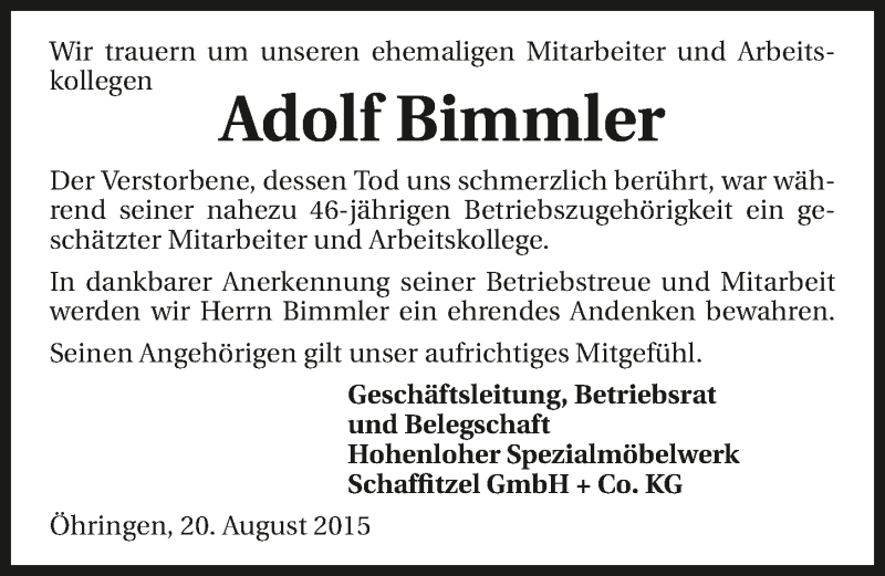  Traueranzeige für Adolf Bimmler vom 21.08.2015 aus 