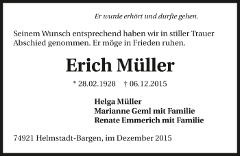 Traueranzeige von Erich Müller 