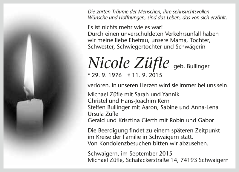  Traueranzeige für Nicole Züfle vom 16.09.2015 aus 
