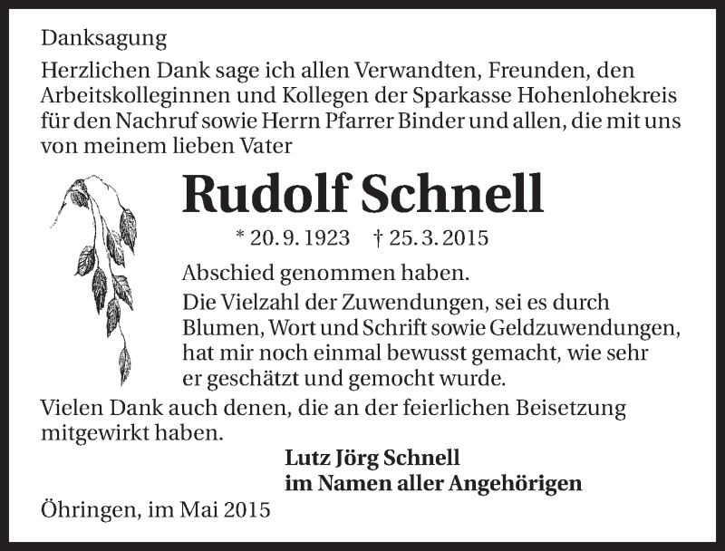  Traueranzeige für Rudolf Schnell vom 12.05.2015 aus 