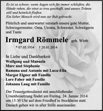 Traueranzeige von Irmgard Römmele 
