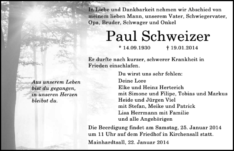  Traueranzeige für Paul Schweizer vom 22.01.2014 aus 