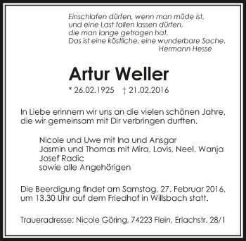 Traueranzeige von Artur Weller 