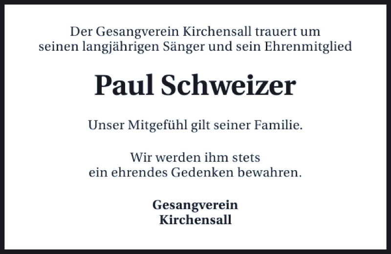  Traueranzeige für Paul Schweizer vom 24.01.2014 aus 