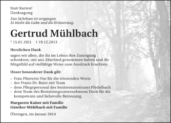 Traueranzeige von Gertrud Mühlbach 