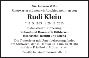 Traueranzeige von Rudi Klein 