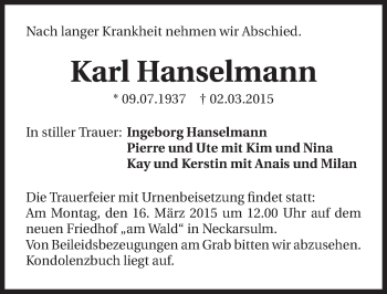Traueranzeige von Karl Hanselmann 
