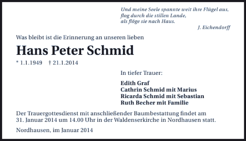  Traueranzeige für Hans Peter Schmid vom 28.01.2014 aus 
