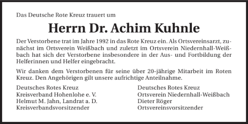  Traueranzeige für Dr. Achim Kuhnle vom 28.01.2014 aus 